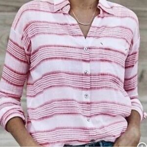 J Jill Casual Striped Button Down Shirt in Pink and White
